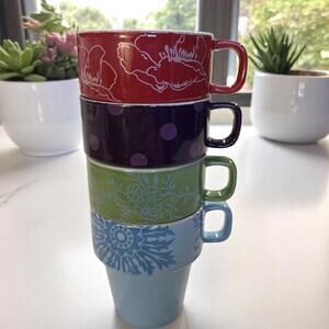 Set of  4 Flower Pot Tea Coffee Mugs Cups Stackable Floral Gardner 4" tall